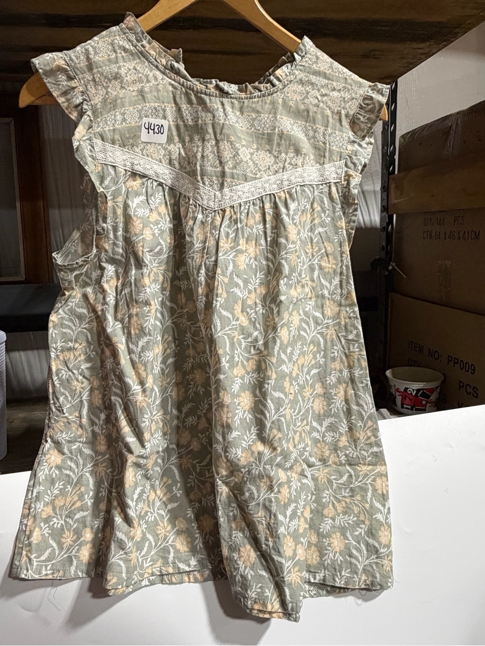 #4429-Angels Sage and Cream Floral Lace-Yoke Cap Sleeve Top